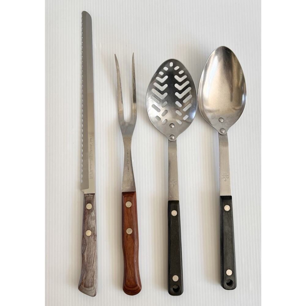 Flint Stainless USA 4pc Wood Riveted Handle Kitchen Utensil Set Vintage MCM
